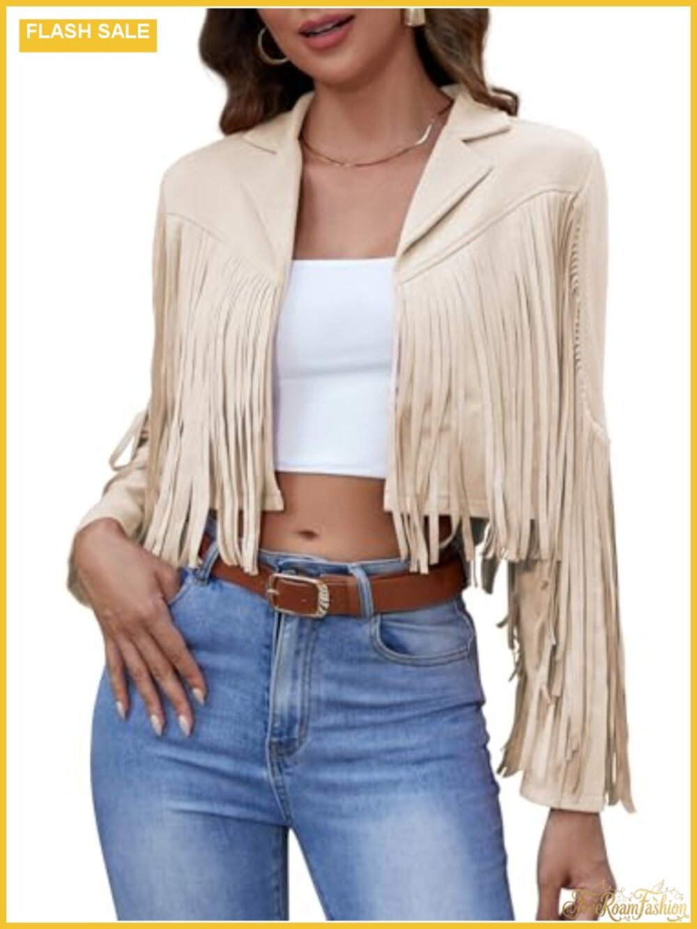 Faux Suede Fringe Jacket Cropped Western Tassel Long Sleeve
